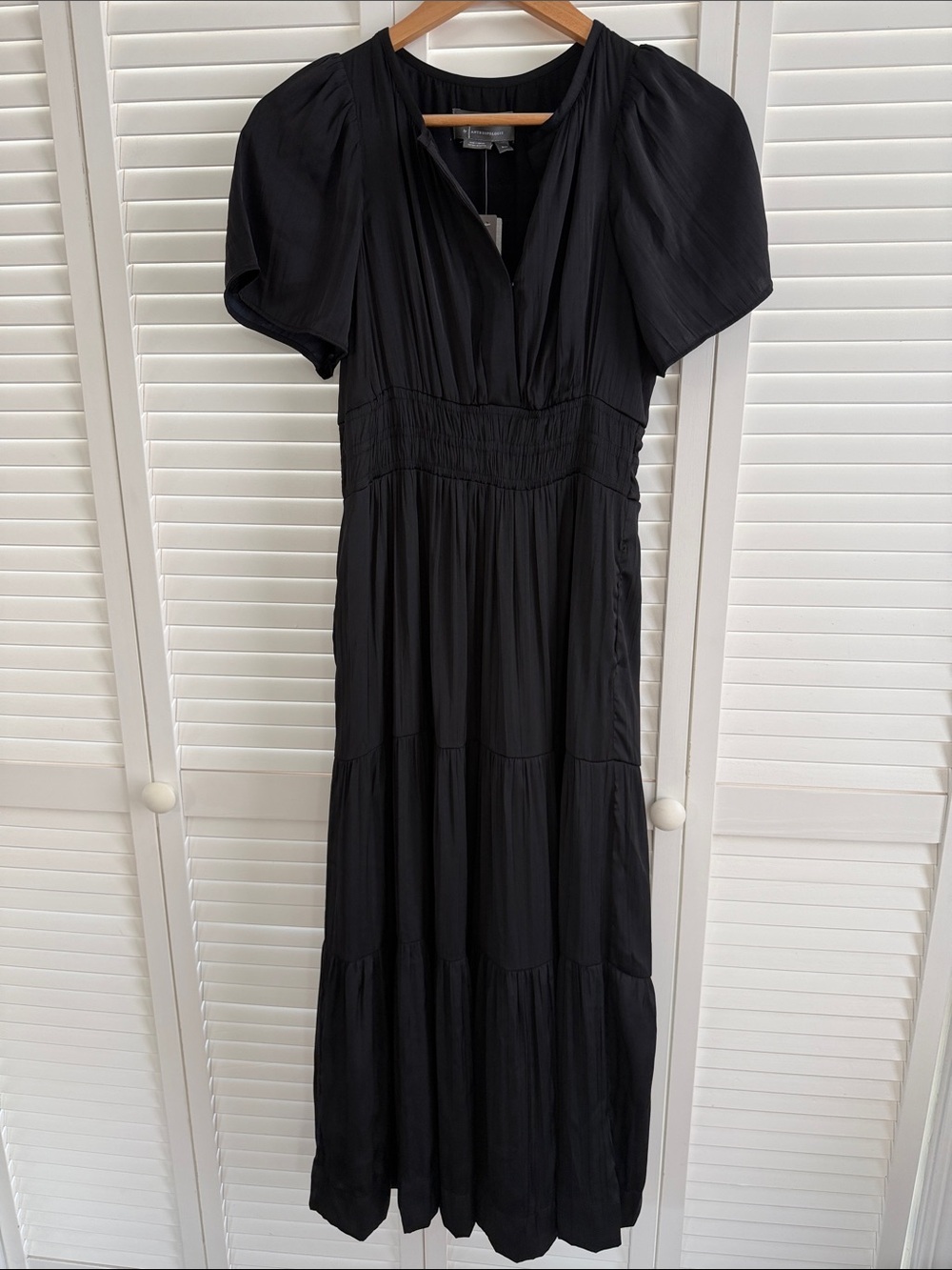 Anthropologie Black Silk Maxi Dress with Short Sleeves